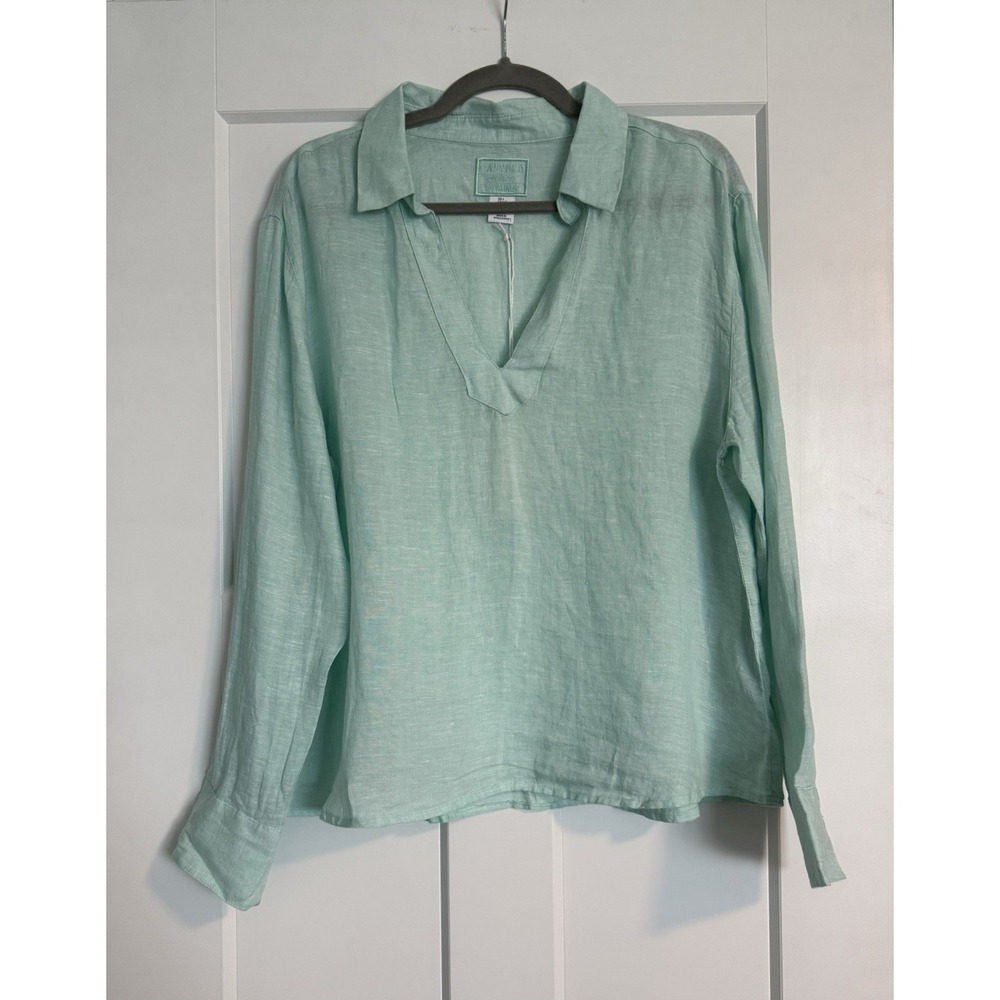 Calypso St. Barth Linen Popover Shirt Large Aqua Coastal Resort Quiet Luxury NWT